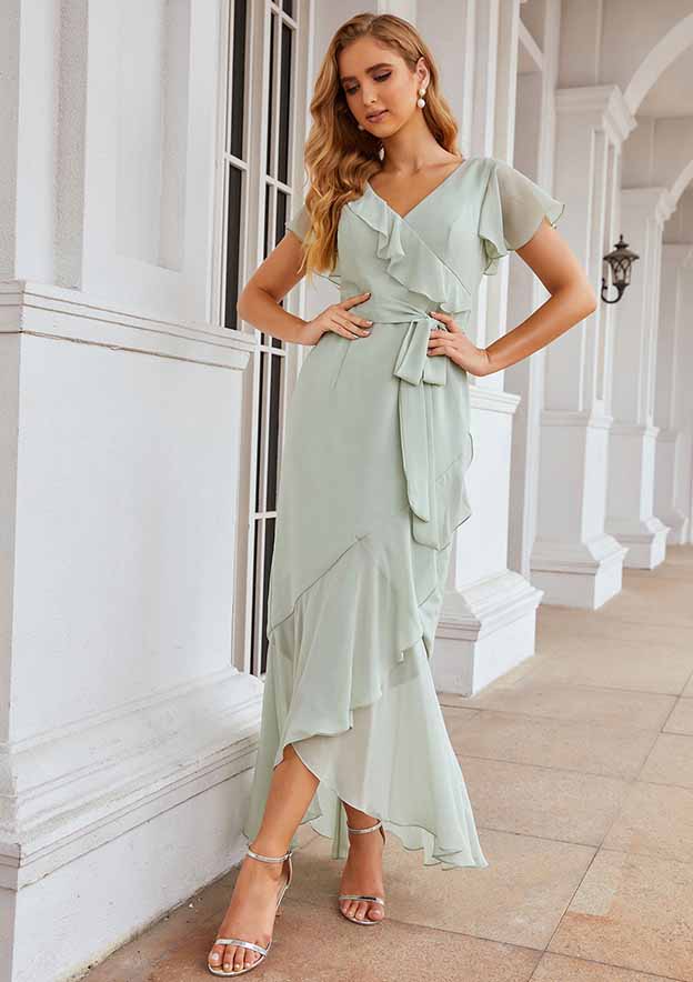 Asymmetrical Chiffon Bridesmaid Dress With V-Neck, Short Sleeves, Ruffles, Waistband, Split, And Sheath/Column Cut BM bride