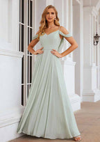 Off-The-Shoulder A-Line Floor-Length Chiffon Bridesmaid Dress, Sleeveless With Pleats BM bride