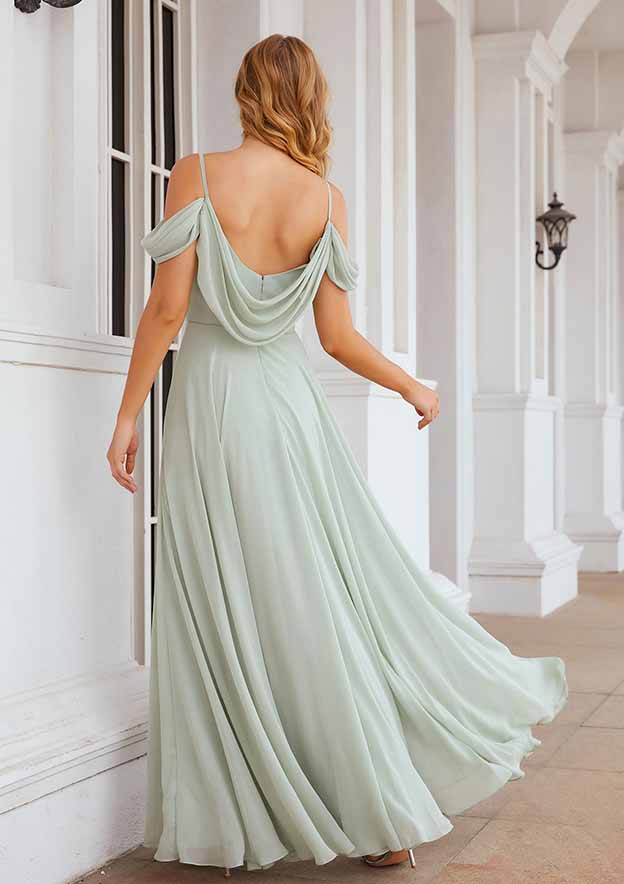 Off-The-Shoulder A-Line Floor-Length Chiffon Bridesmaid Dress, Sleeveless With Pleats BM bride