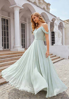 Off-The-Shoulder A-Line Floor-Length Chiffon Bridesmaid Dress, Sleeveless With Pleats BM bride