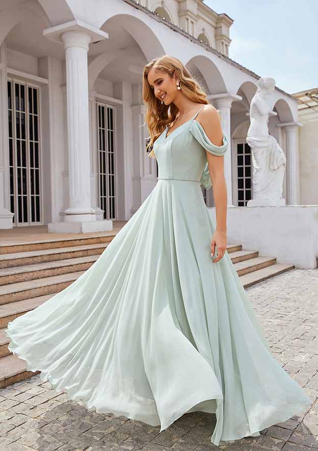 Off-The-Shoulder A-Line Floor-Length Chiffon Bridesmaid Dress, Sleeveless With Pleats BM bride
