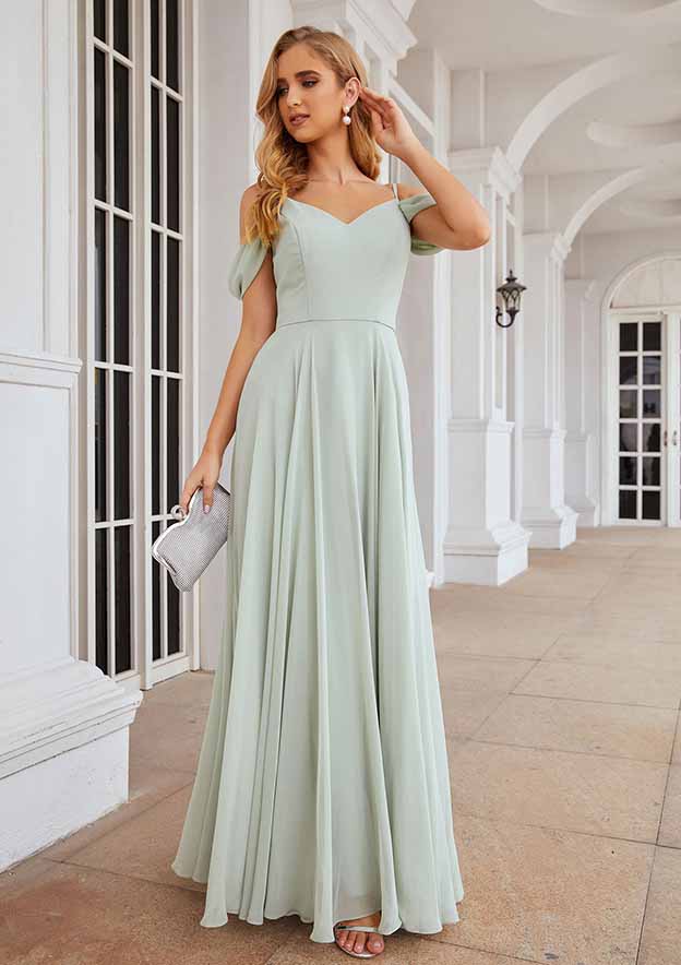 Off-The-Shoulder A-Line Floor-Length Chiffon Bridesmaid Dress, Sleeveless With Pleats BM bride