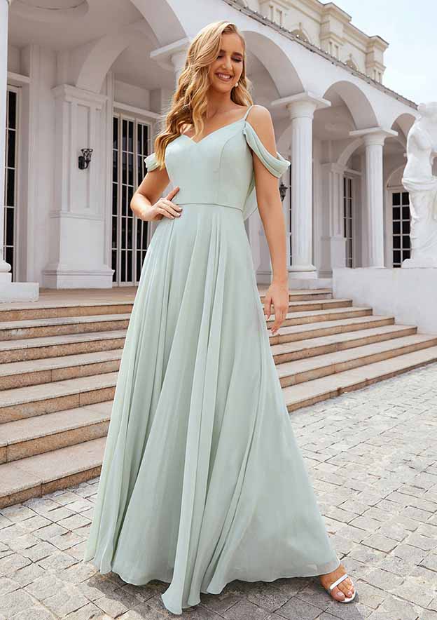 Off-The-Shoulder A-Line Floor-Length Chiffon Bridesmaid Dress, Sleeveless With Pleats BM bride