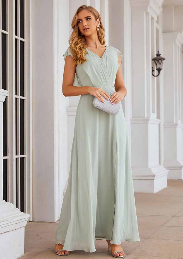 Floor-Length Chiffon Bridesmaid Dress, A-Line Cut, V-Neck, Sleeveless, With Pleats And Split BM bride