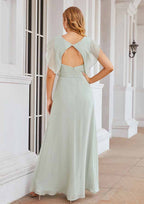 Floor-Length Chiffon Bridesmaid Dress, A-Line Cut, V-Neck, Sleeveless, With Pleats And Split BM bride