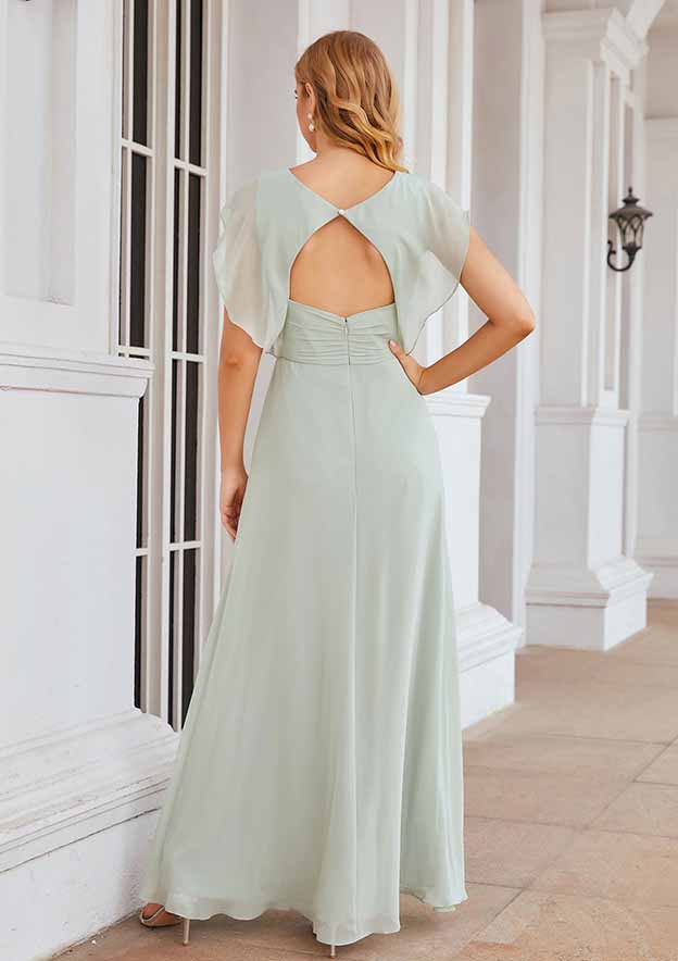 Floor-Length Chiffon Bridesmaid Dress, A-Line Cut, V-Neck, Sleeveless, With Pleats And Split BM bride