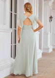 Floor-Length Chiffon Bridesmaid Dress, A-Line Cut, V-Neck, Sleeveless, With Pleats And Split BM bride