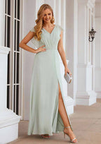 Floor-Length Chiffon Bridesmaid Dress, A-Line Cut, V-Neck, Sleeveless, With Pleats And Split BM bride