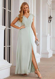 Floor-Length Chiffon Bridesmaid Dress, A-Line Cut, V-Neck, Sleeveless, With Pleats And Split BM bride