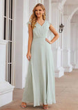 Floor-Length Chiffon Bridesmaid Dress, A-Line Cut, V-Neck, Sleeveless, With Pleats And Split BM bride