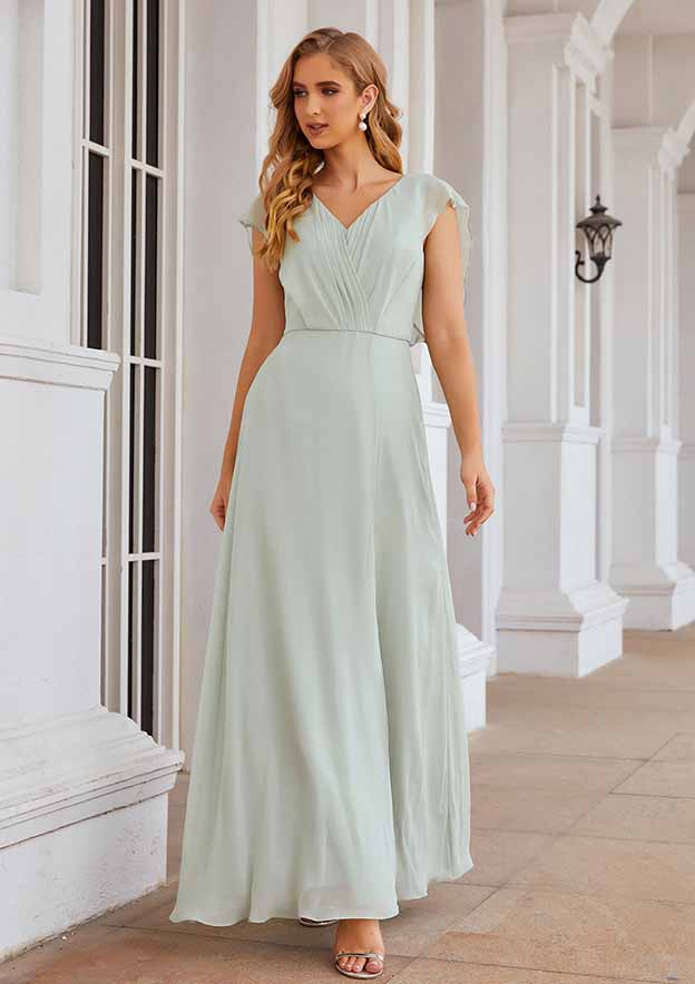Floor-Length Chiffon Bridesmaid Dress, A-Line Cut, V-Neck, Sleeveless, With Pleats And Split BM bride