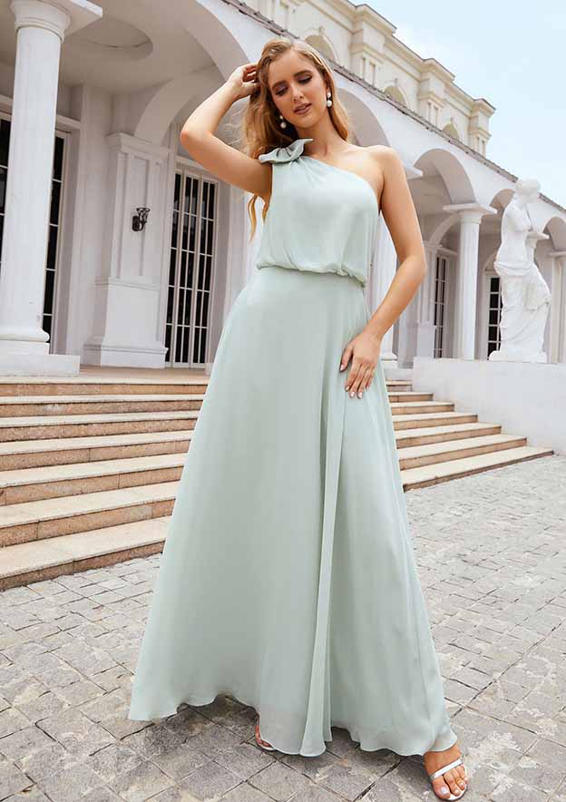A-Line One-Shoulder Floor-Length Chiffon Bridesmaid Dress, Sleeveless, With A Shoulder Flower BM bride