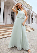 A-Line One-Shoulder Floor-Length Chiffon Bridesmaid Dress, Sleeveless, With A Shoulder Flower BM bride