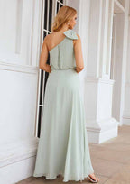 A-Line One-Shoulder Floor-Length Chiffon Bridesmaid Dress, Sleeveless, With A Shoulder Flower BM bride