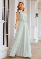 A-Line One-Shoulder Floor-Length Chiffon Bridesmaid Dress, Sleeveless, With A Shoulder Flower BM bride