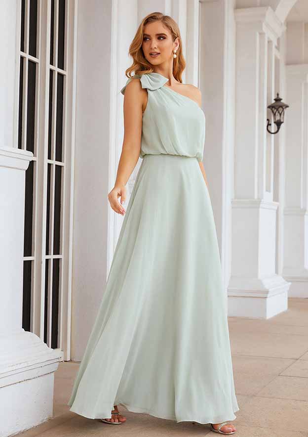 A-Line One-Shoulder Floor-Length Chiffon Bridesmaid Dress, Sleeveless, With A Shoulder Flower BM bride