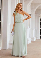 A-Line One-Shoulder Floor-Length Chiffon Bridesmaid Dress, Sleeveless, With A Shoulder Flower BM bride