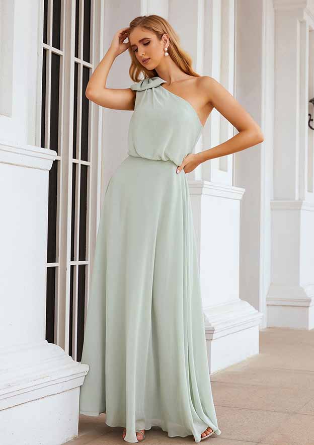 A-Line One-Shoulder Floor-Length Chiffon Bridesmaid Dress, Sleeveless, With A Shoulder Flower BM bride