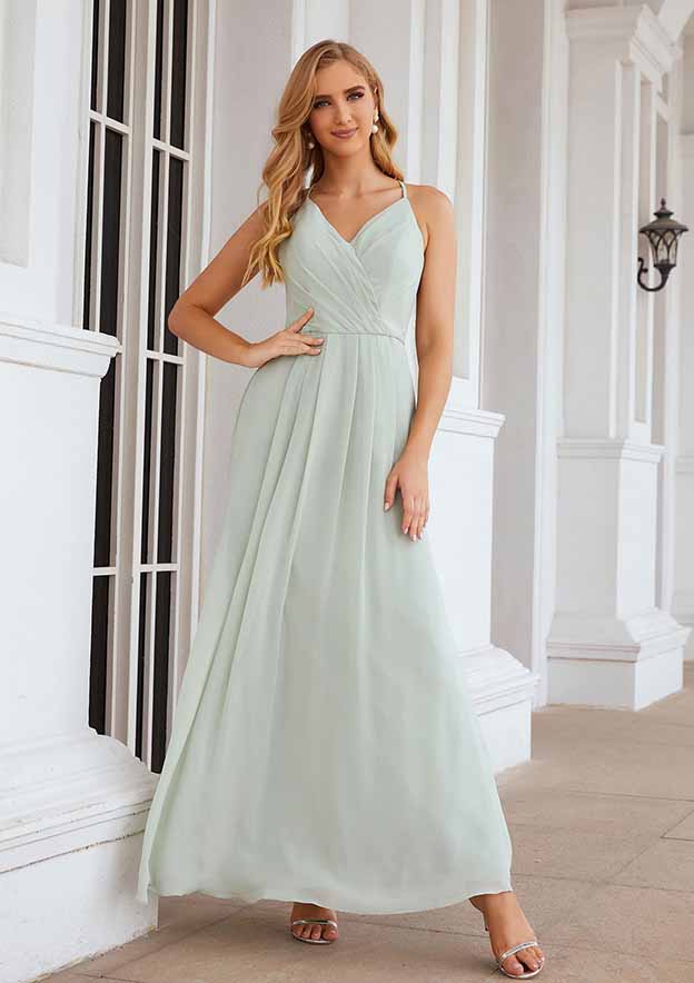 Floor-Length Chiffon Bridesmaid Dress, A-Line Style, V-Neck, Sleeveless, With Pleats (Repeated For Clarity) BM bride