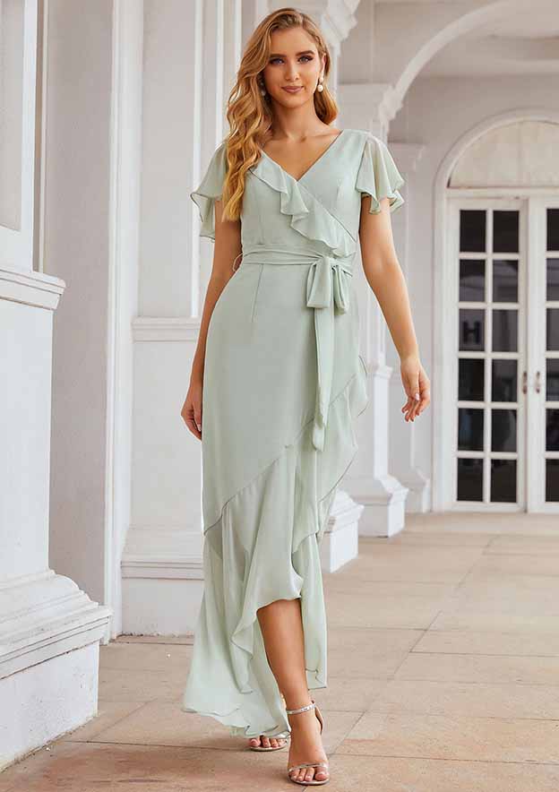 Asymmetrical Chiffon Bridesmaid Dress With V-Neck, Short Sleeves, Ruffles, Waistband, Split, And Sheath/Column Cut BM bride