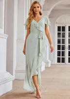 Asymmetrical Chiffon Bridesmaid Dress With V-Neck, Short Sleeves, Ruffles, Waistband, Split, And Sheath/Column Cut BM bride
