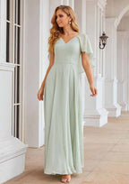 Floor-Length Chiffon Bridesmaid Dress, A-Line Shape, V-Neck, Short Sleeves BM bride