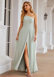 A-Line One-Shoulder Floor-Length Sleeveless Chiffon Bridesmaid Dress With Split BM bride