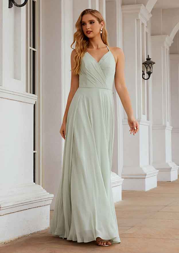 Long/Floor-Length Chiffon Bridesmaid Dress, A-Line Cut, Halter Neck, Sleeveless, With Pleated Ruffles BM bride