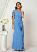 Long/Floor-Length Chiffon Bridesmaid Dress, A-Line Cut, One-Shoulder, Sleeveless, With Pleated Split BM bride