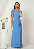 Long/Floor-Length Chiffon Bridesmaid Dress, A-Line Cut, One-Shoulder, Sleeveless, With Pleated Split BM bride