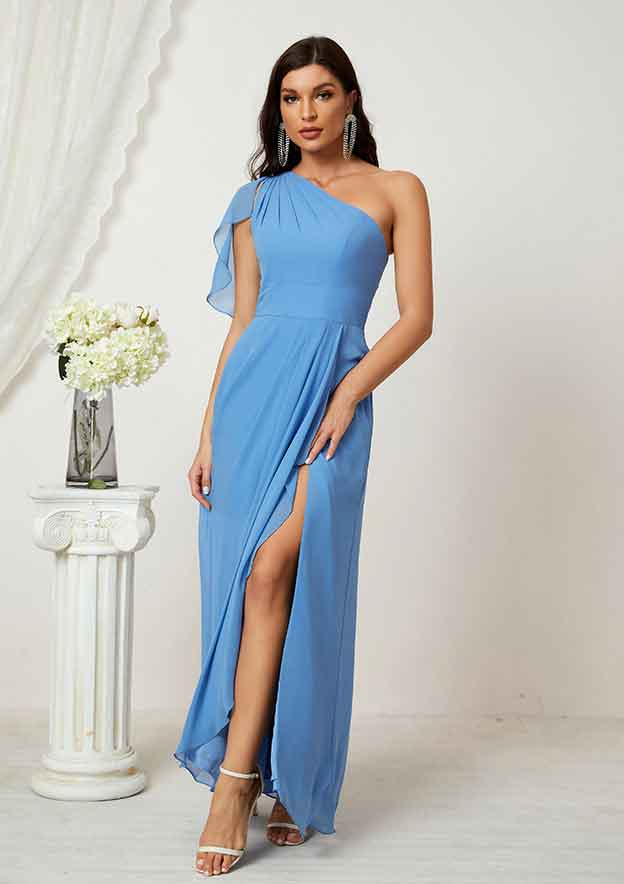 Long/Floor-Length Chiffon Bridesmaid Dress, A-Line Cut, One-Shoulder, Sleeveless, With Pleated Split BM bride