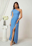 Long/Floor-Length Chiffon Bridesmaid Dress, A-Line Cut, One-Shoulder, Sleeveless, With Pleated Split BM bride