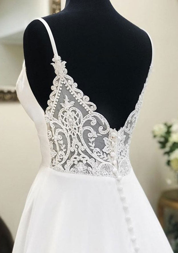 Refined Chiffon A-Line/Princess Wedding Dress with Sleeveless V-Neck, Chapel Train, and Intricate Lace Beading BM bride