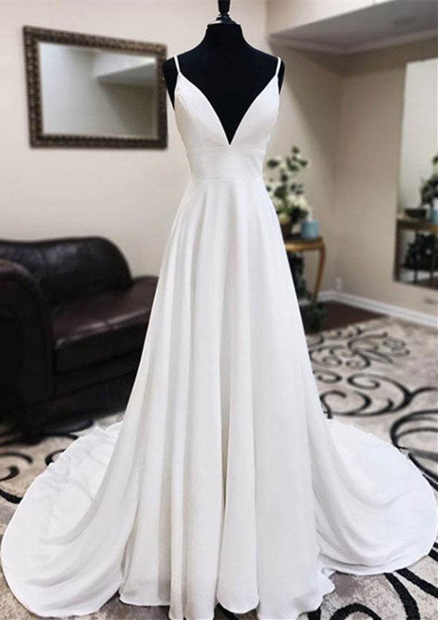 Refined Chiffon A-Line/Princess Wedding Dress with Sleeveless V-Neck, Chapel Train, and Intricate Lace Beading BM bride