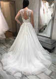Elegant Princess A-Line V-Neck Sleeveless Tulle Sweep Train Wedding Dress with Applique Lace Details BM bride