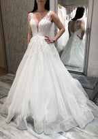 Elegant Princess A-Line V-Neck Sleeveless Tulle Sweep Train Wedding Dress with Appliqued Lace Details BM bride