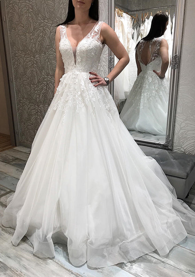 Elegant Princess A-Line V-Neck Sleeveless Tulle Sweep Train Wedding Dress with Applique Lace Details BM bride