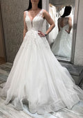 Elegant Princess A-Line V-Neck Sleeveless Tulle Sweep Train Wedding Dress with Applique Lace Details BM bride