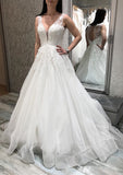 Elegant Princess A-Line V-Neck Sleeveless Tulle Sweep Train Wedding Dress with Applique Lace Details BM bride