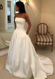 Elegant A-Line Strapless Satin Wedding Dress with Court Train, Waistband, and Convenient Pockets BM bride