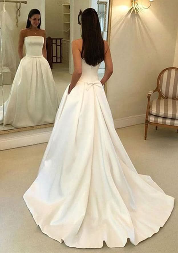 Elegant A-Line Strapless Satin Wedding Dress with Court Train, Waistband, and Convenient Pockets BM bride