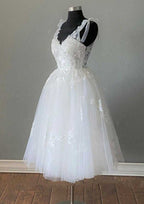 Elegant A-Line V-Neck Sleeveless Lace Tulle Tea-Length Wedding Dress BM bride