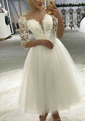 Stunning Illusion Neck 3/4 Sleeve Tea-Length Tulle Wedding Dress with Lace Details in A-Line Design BM bride