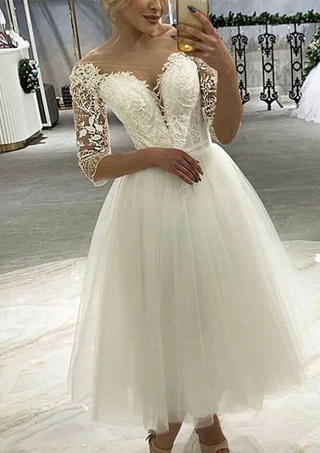 Stunning Illusion Neck 3/4 Sleeve Tea-Length Tulle Wedding Dress with Lace Details in A-Line Design BM bride
