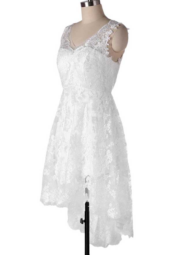 Sophisticated V-Neck Sleeveless Lace Satin Asymmetrical Wedding Dress in A-Line/Princess Fit BM bride
