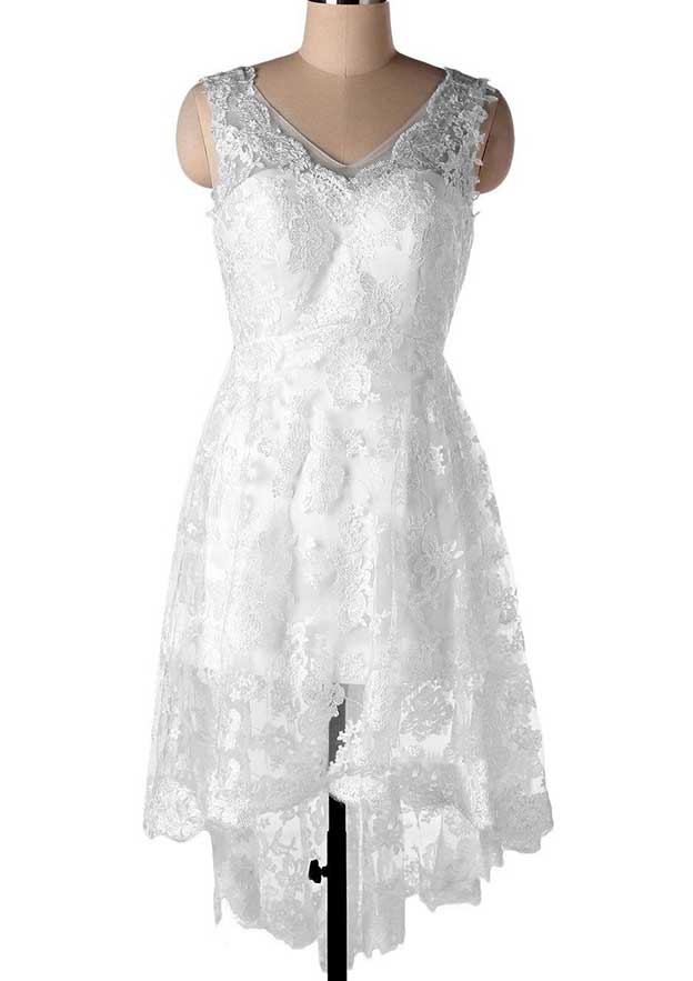 Sophisticated V-Neck Sleeveless Lace Satin Asymmetrical Wedding Dress in A-Line/Princess Fit BM bride
