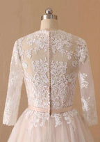 Graceful A-Line V-Neck Full Long Sleeve Lace Tulle Tea-Length Wedding Dress with Waistband BM bride
