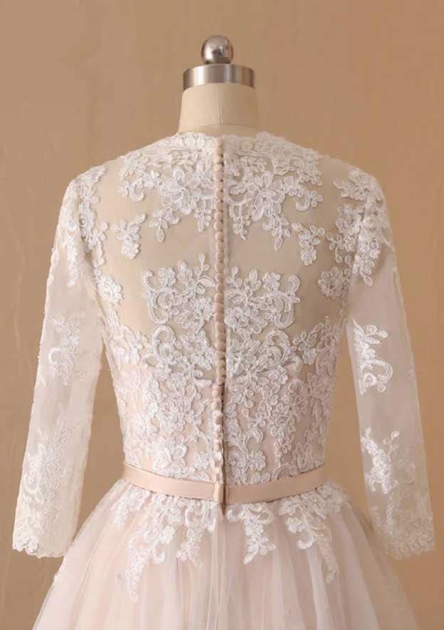 Graceful A-Line V-Neck Full Long Sleeve Lace Tulle Tea-Length Wedding Dress with Waistband BM bride