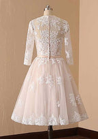 Graceful A-Line V-Neck Full Long Sleeve Lace Tulle Tea-Length Wedding Dress with Waistband BM bride