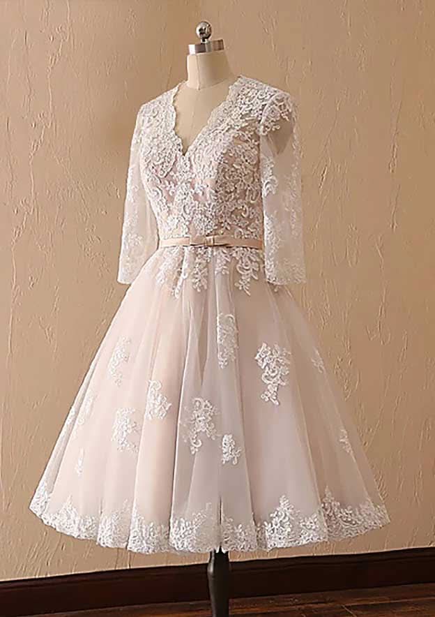 Graceful A-Line V-Neck Full Long Sleeve Lace Tulle Tea-Length Wedding Dress with Waistband BM bride